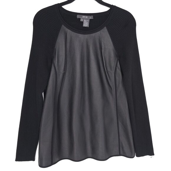 Per Se Tops - per se GENUINE LEATHER Women’s Top Sweater MEDIUM Black Combo SILK Blend Long Sl